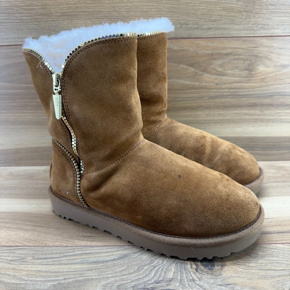 UGG Florence Zip Short Boots Womens 7 Chestnut Suede Shearling Fur Lined